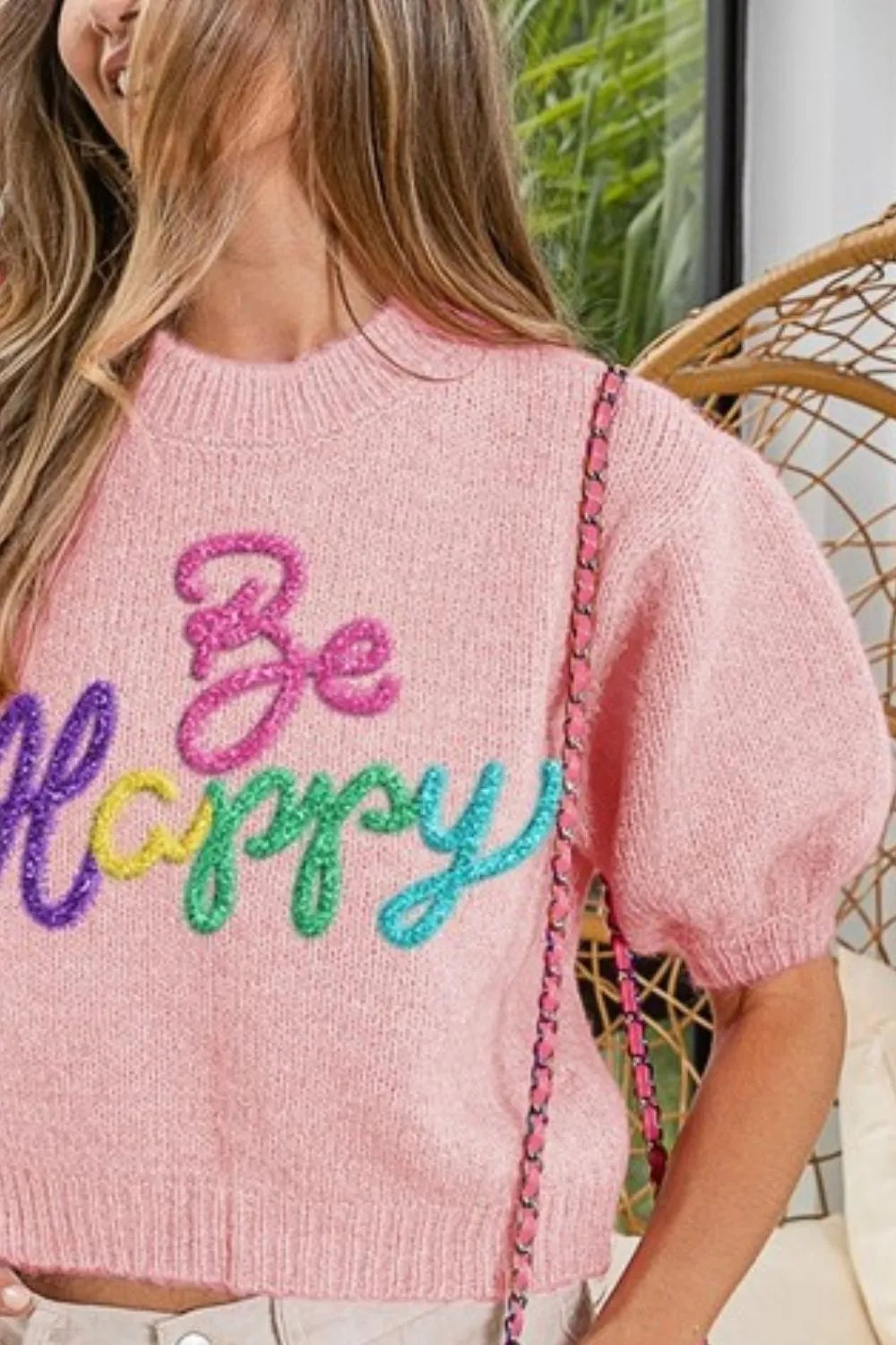 BiBi Metallic Letter Short Puff Sleeve Hairy Sweater OutfitFlow