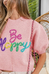 BiBi Metallic Letter Short Puff Sleeve Hairy Sweater OutfitFlow
