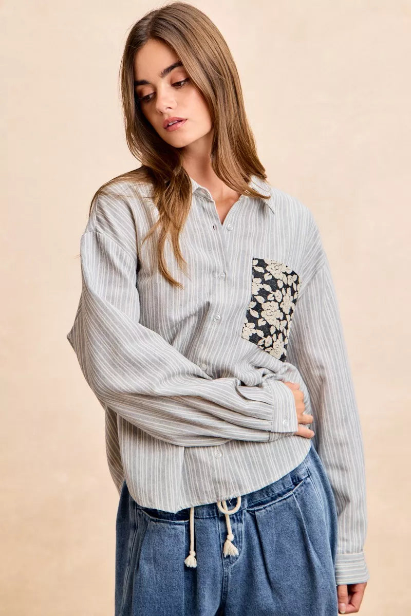 BiBi Flower Jacquard Knit Patch Pocket Stripe Shirt OutfitFlow