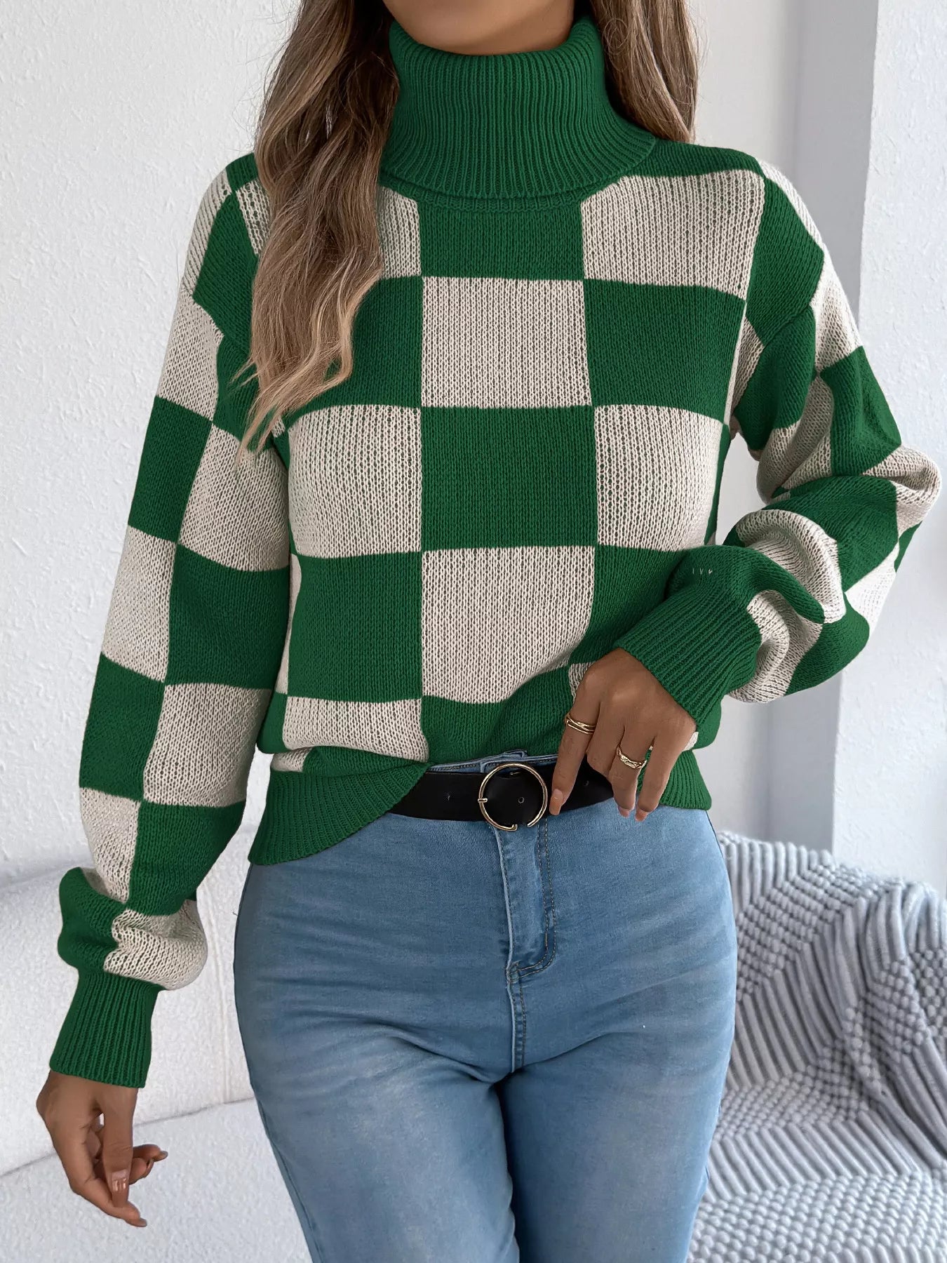 Checkered Turtleneck Long Sleeve Sweater OutfitFlow
