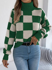 Checkered Turtleneck Long Sleeve Sweater OutfitFlow