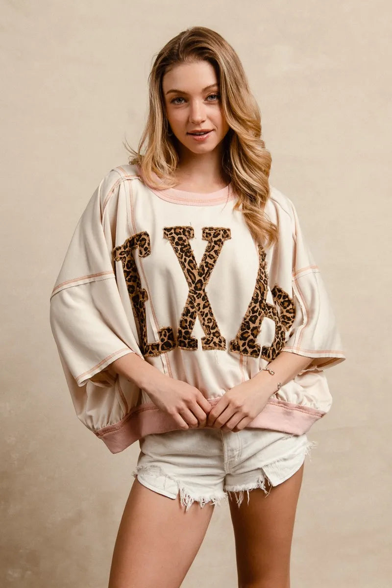 BiBi Leopard Print Texas Patchwork Overlock Stitch Top OutfitFlow
