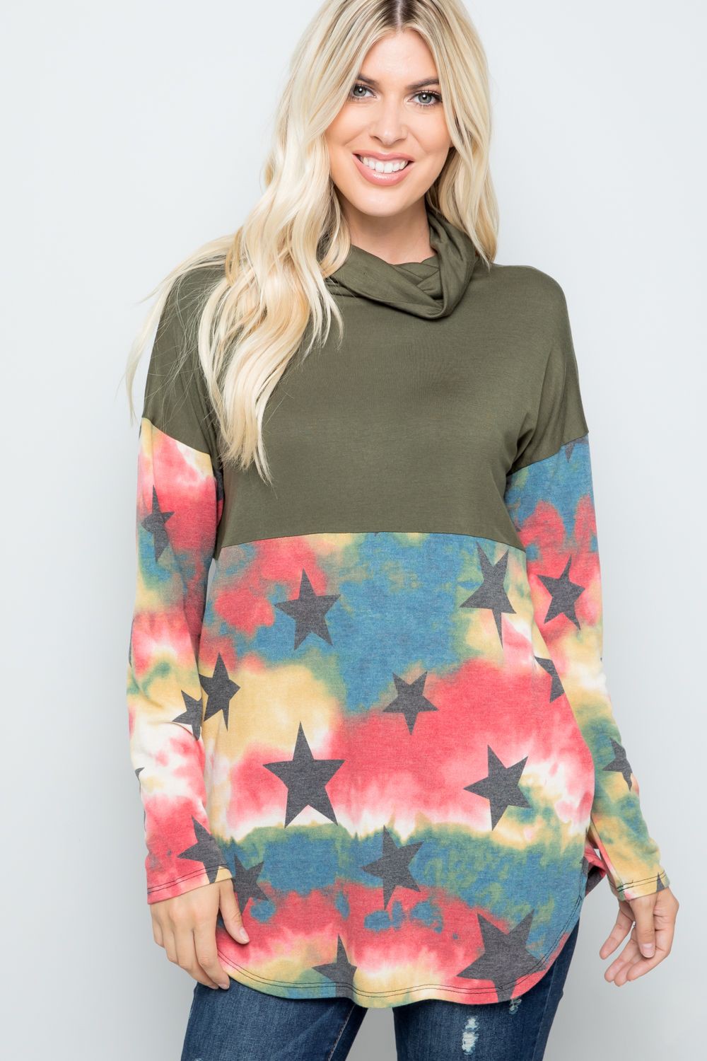 Outfit Flow - Celeste Full Size Tie-Dye Star Print Long Sleeve Blouse