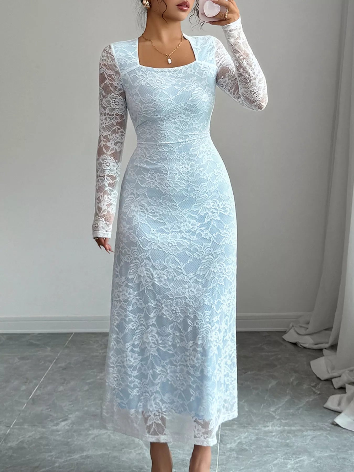 Lace Long Sleeve Square Neck Maxi Dress Trendsi