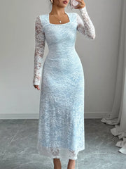 Lace Long Sleeve Square Neck Maxi Dress Trendsi