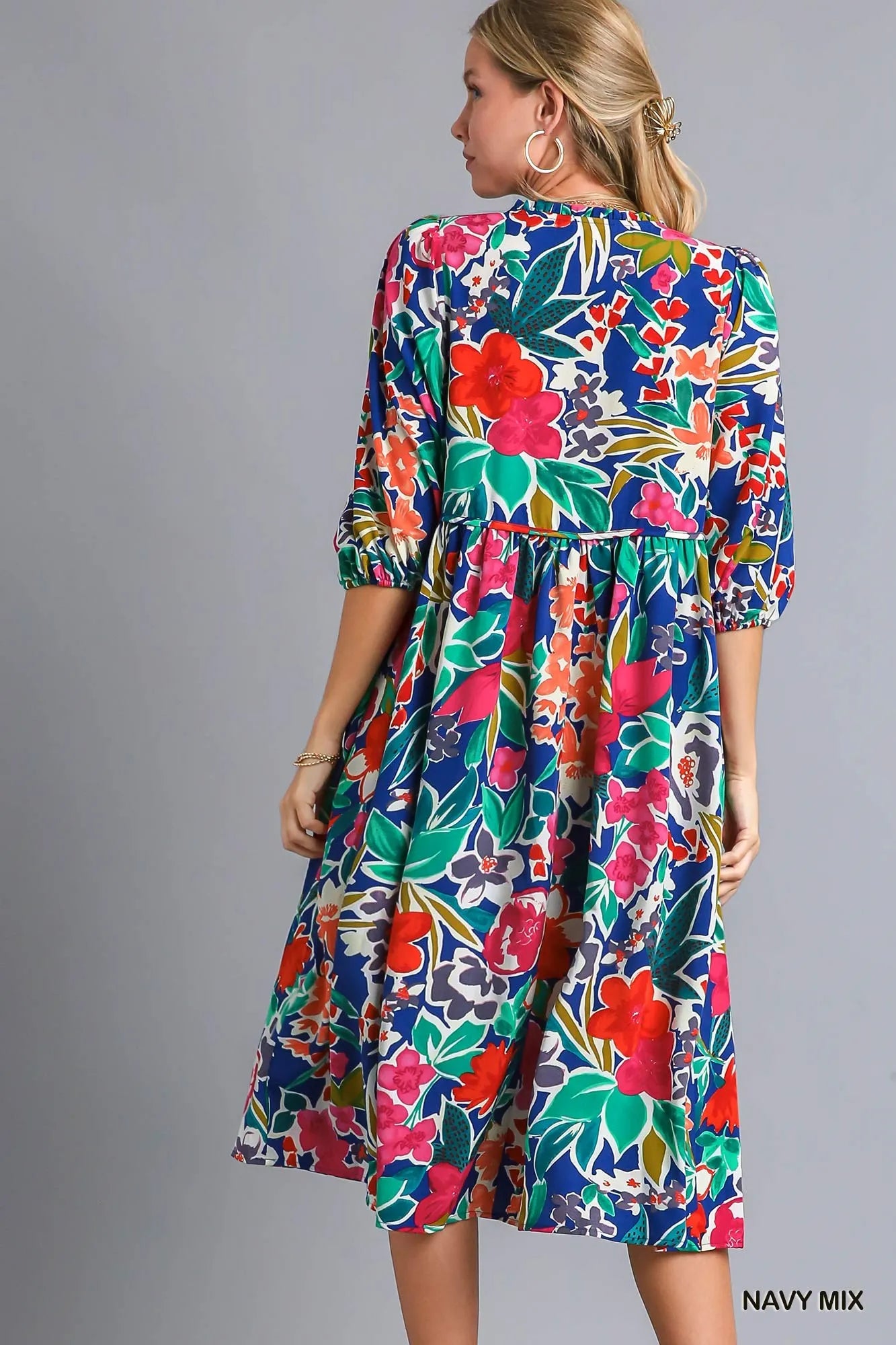 Umgee Floral Print Tie Neck Midi Dress with Pockets Trendsi