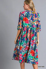 Umgee Floral Print Tie Neck Midi Dress with Pockets Trendsi