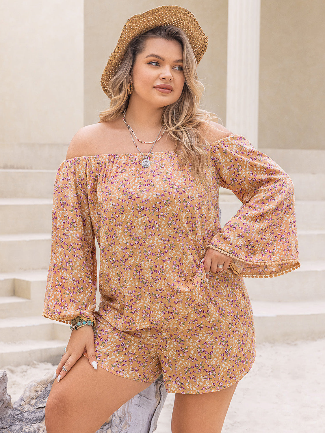 Outfit Flow - Plus Size Printed Off-Shoulder Top and Shorts Set