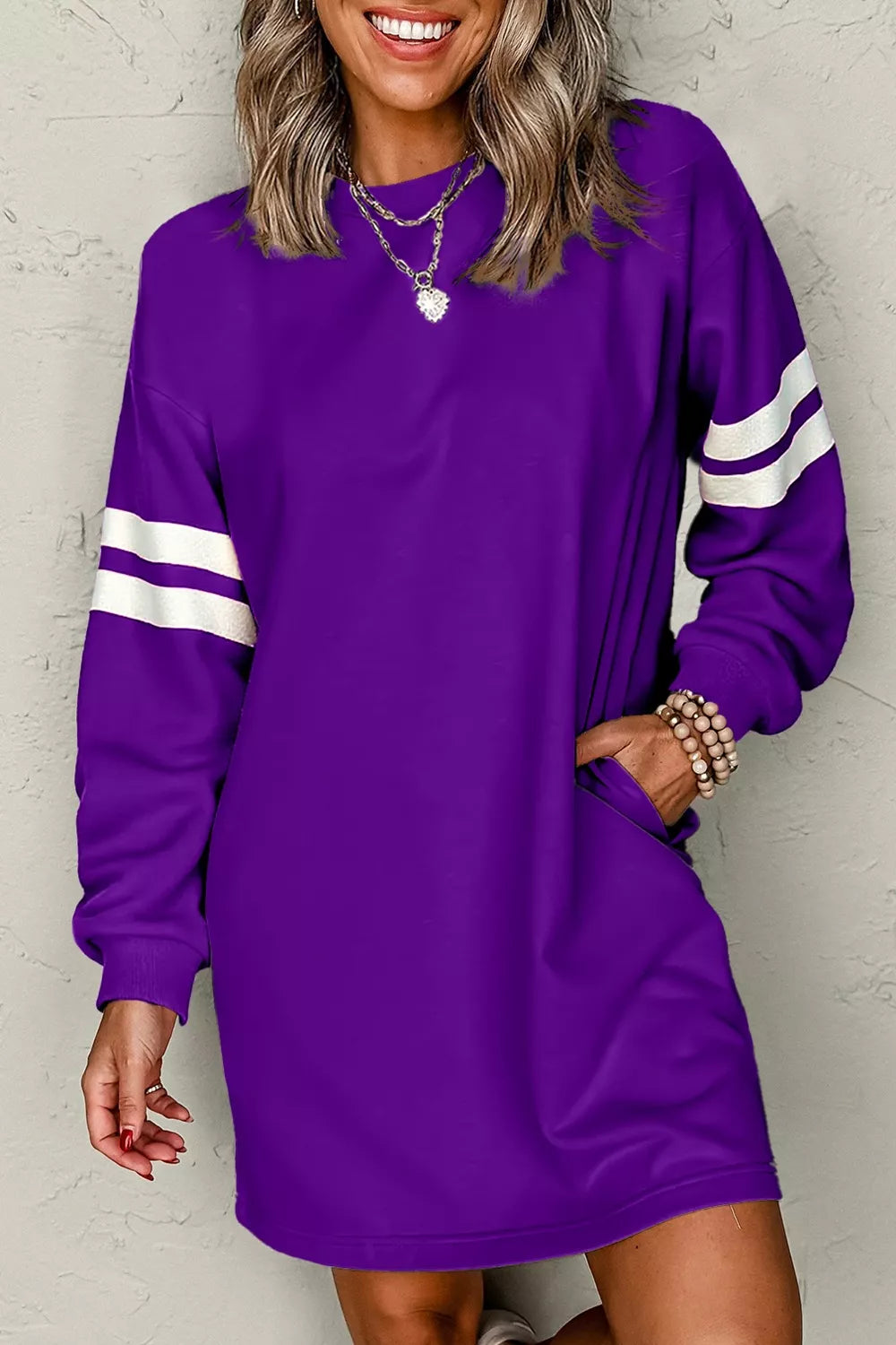 Stripe Long Sleeve Casual Sweatshirt Dress OutfitFlow