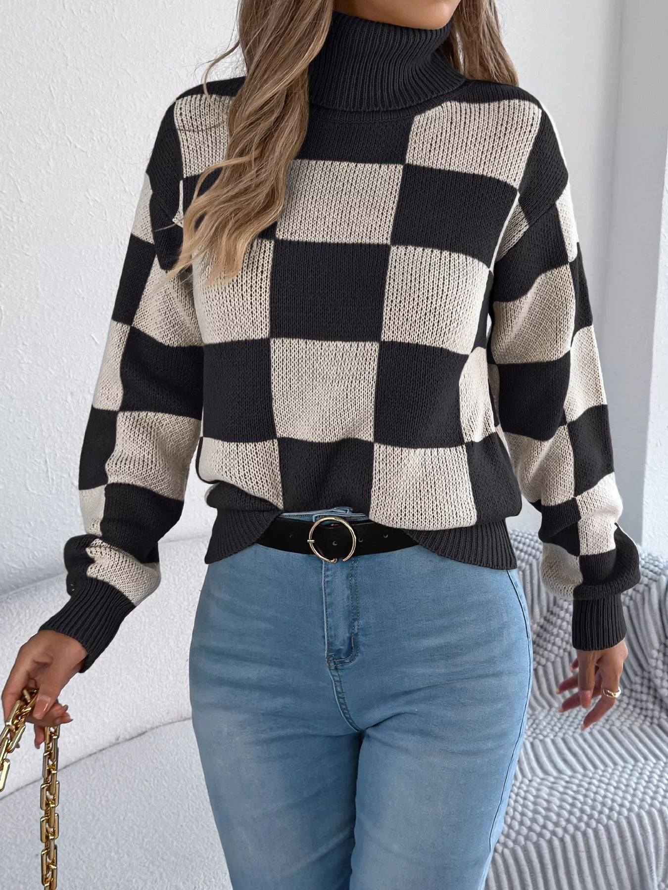 Checkered Turtleneck Long Sleeve Sweater OutfitFlow