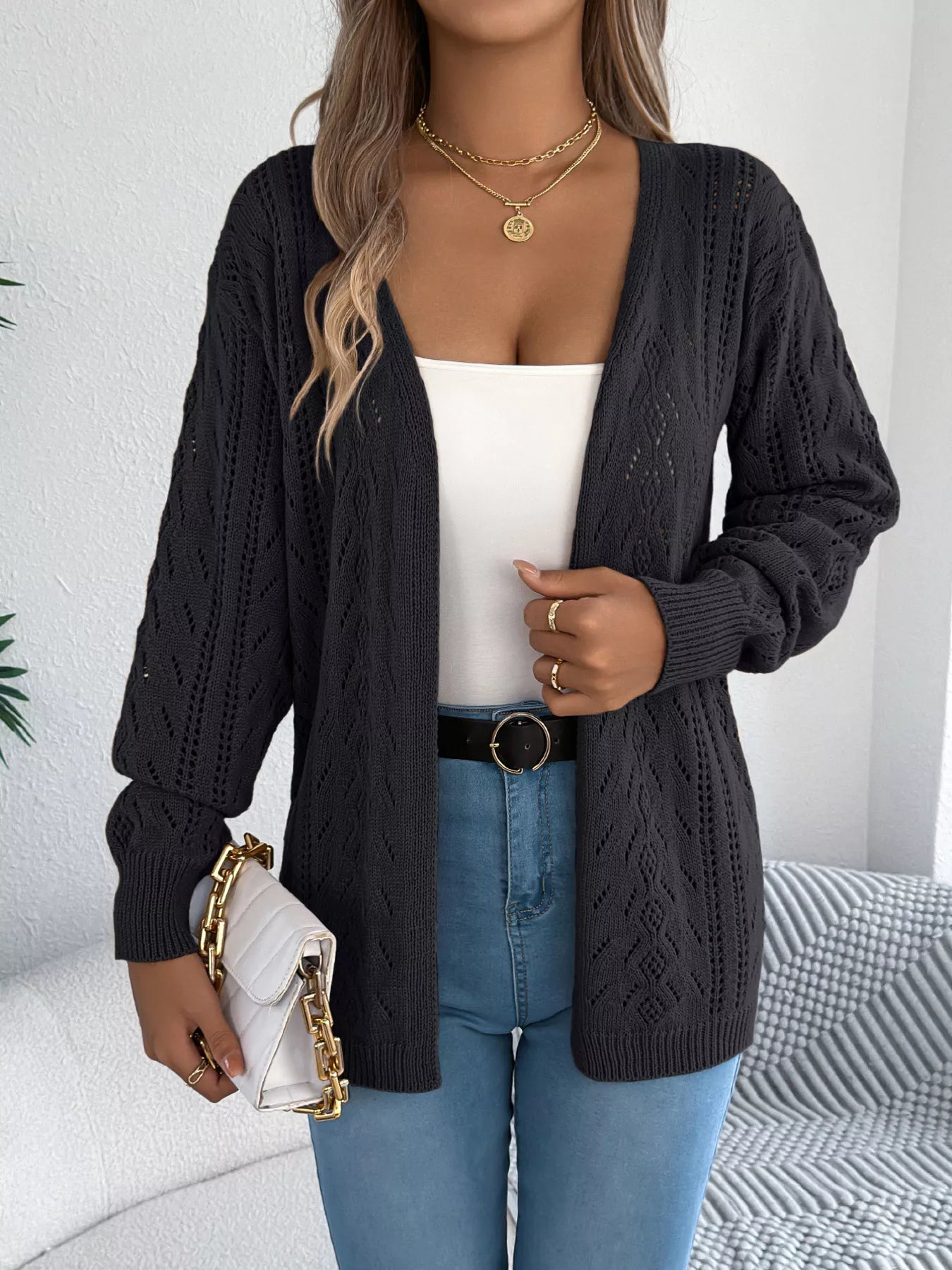 Openwork Open Front Cardigan OutfitFlow