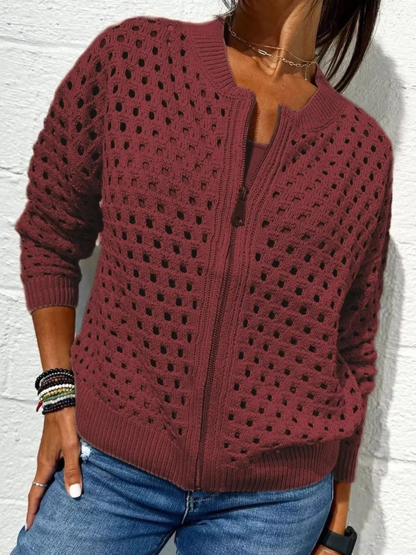 Full Size Zip Up Long Sleeve Cardigan with Eyelet Detail Plus Size Burgundy OutfitFlow