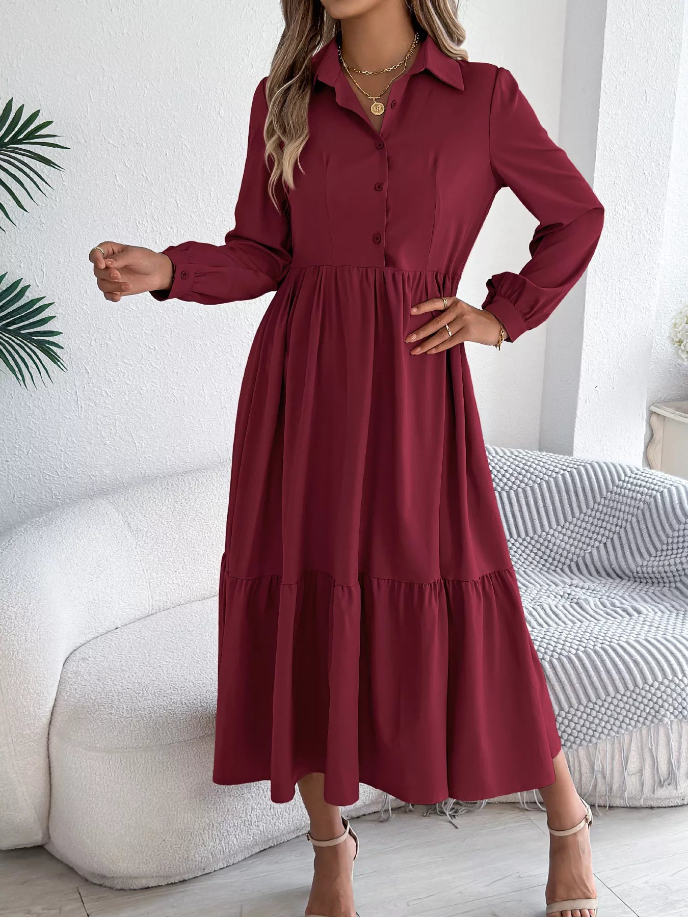 Long Sleeve Tiered Button Front Midi Dress OutfitFlow