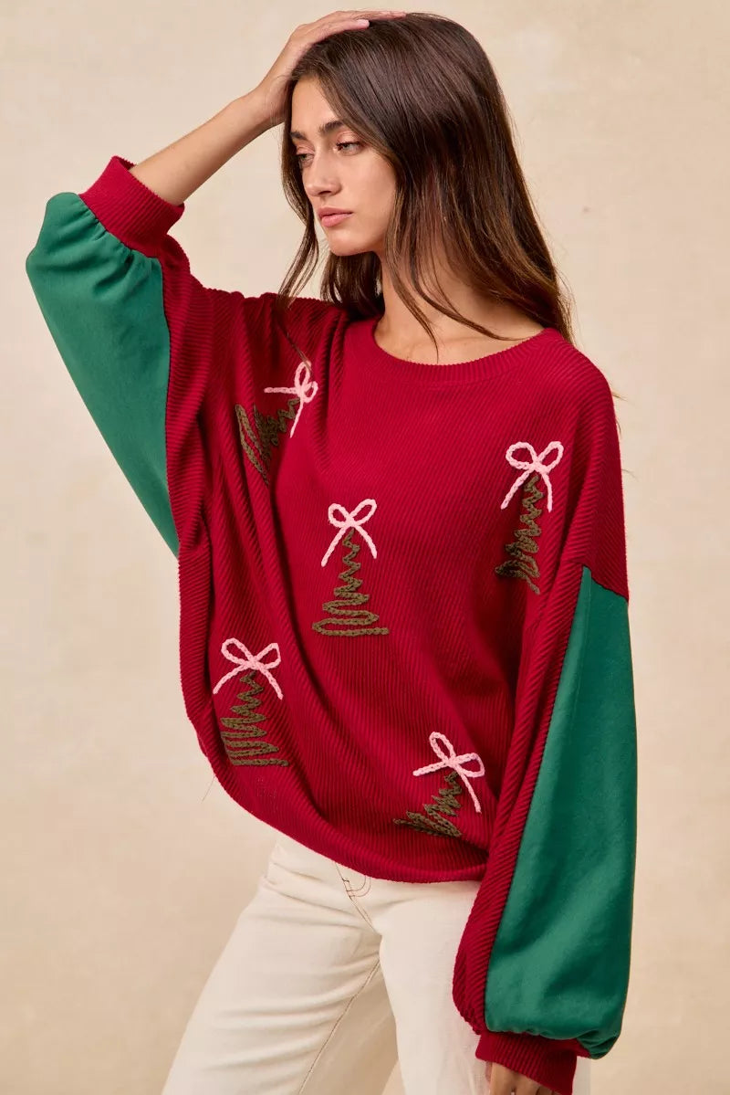 BiBi Christmas Theme Tree Embroidered Sweater OutfitFlow