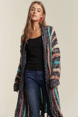 ADORA Multi Colour Sweater Long Cardigan with Fringes OutfitFlow