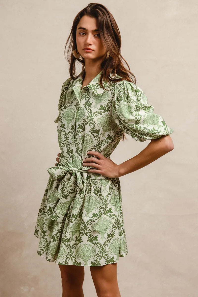 BiBi Tied Floral Short Sleeve Mini Shirt Dress OutfitFlow