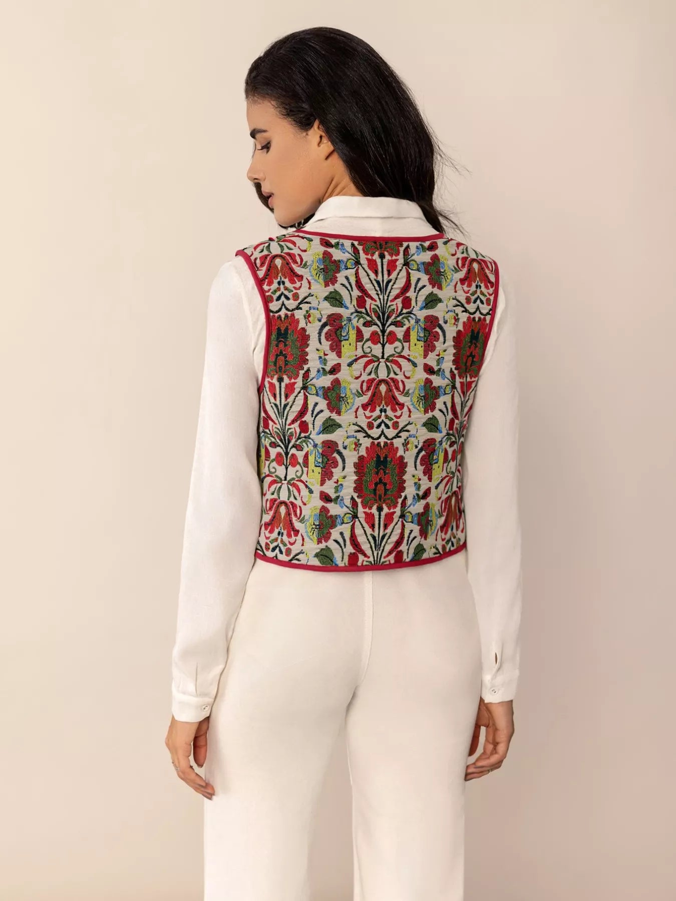 Floral Embroidered Tie-Front Vest Coat OutfitFlow