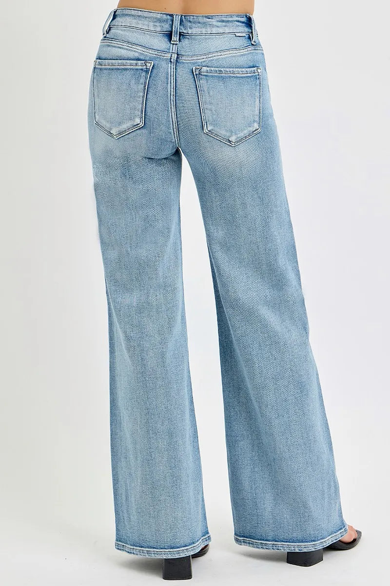 RISEN Full Size Mid Rise Wide Jeans with Front Patch Pocket Plus Size OutfitFlow