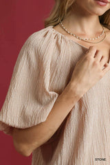 Umgee Texture Puff Sleeve Notched Blouse OutfitFlow