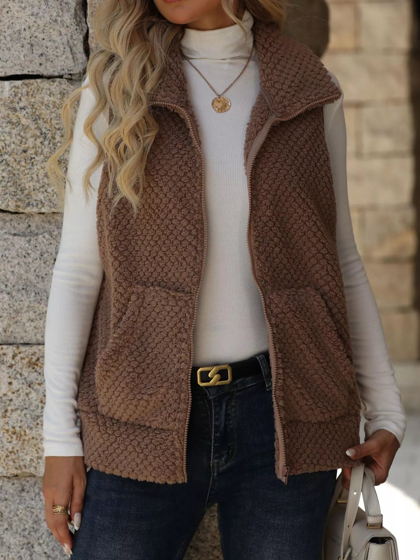 Zip-Up Vest Coat Khaki Trendsi