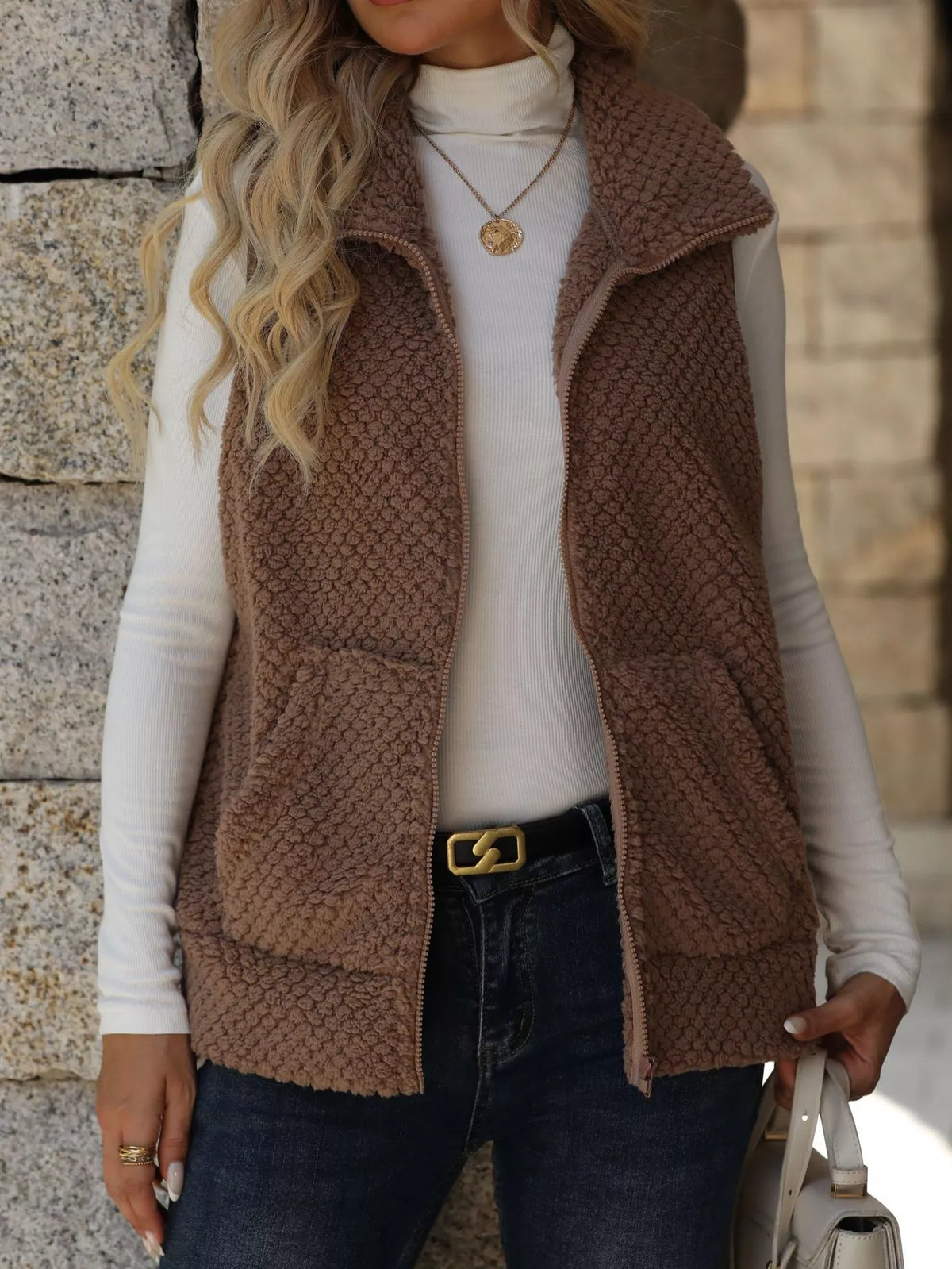Zip-Up Vest Coat Khaki Trendsi