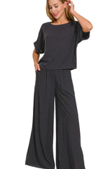 Zenana Round Neck T-Shirt and Wide Leg Pants Set BLACK OutfitFlow