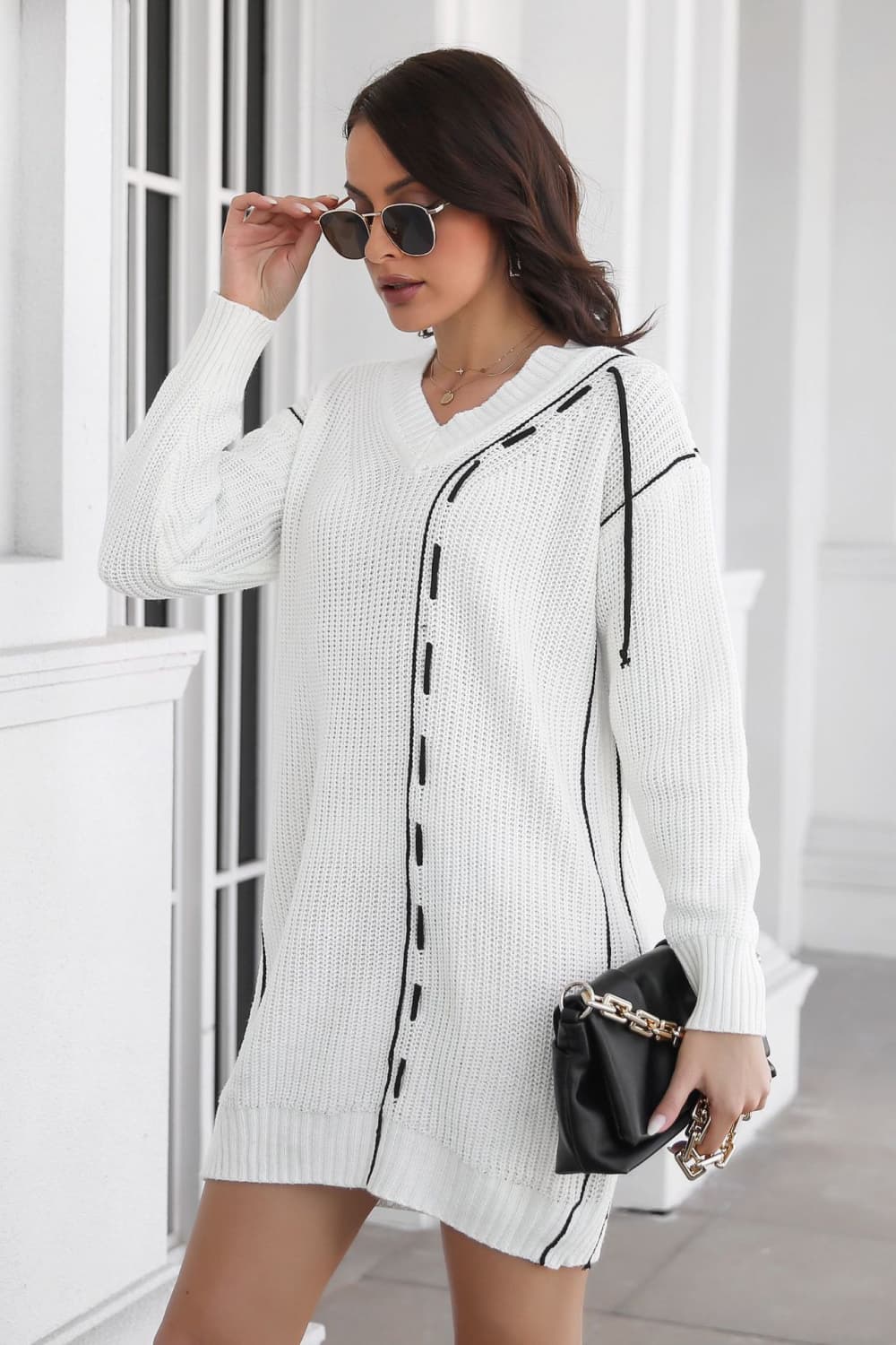 Contrast V-Neck Sweater Dress OutfitFlow