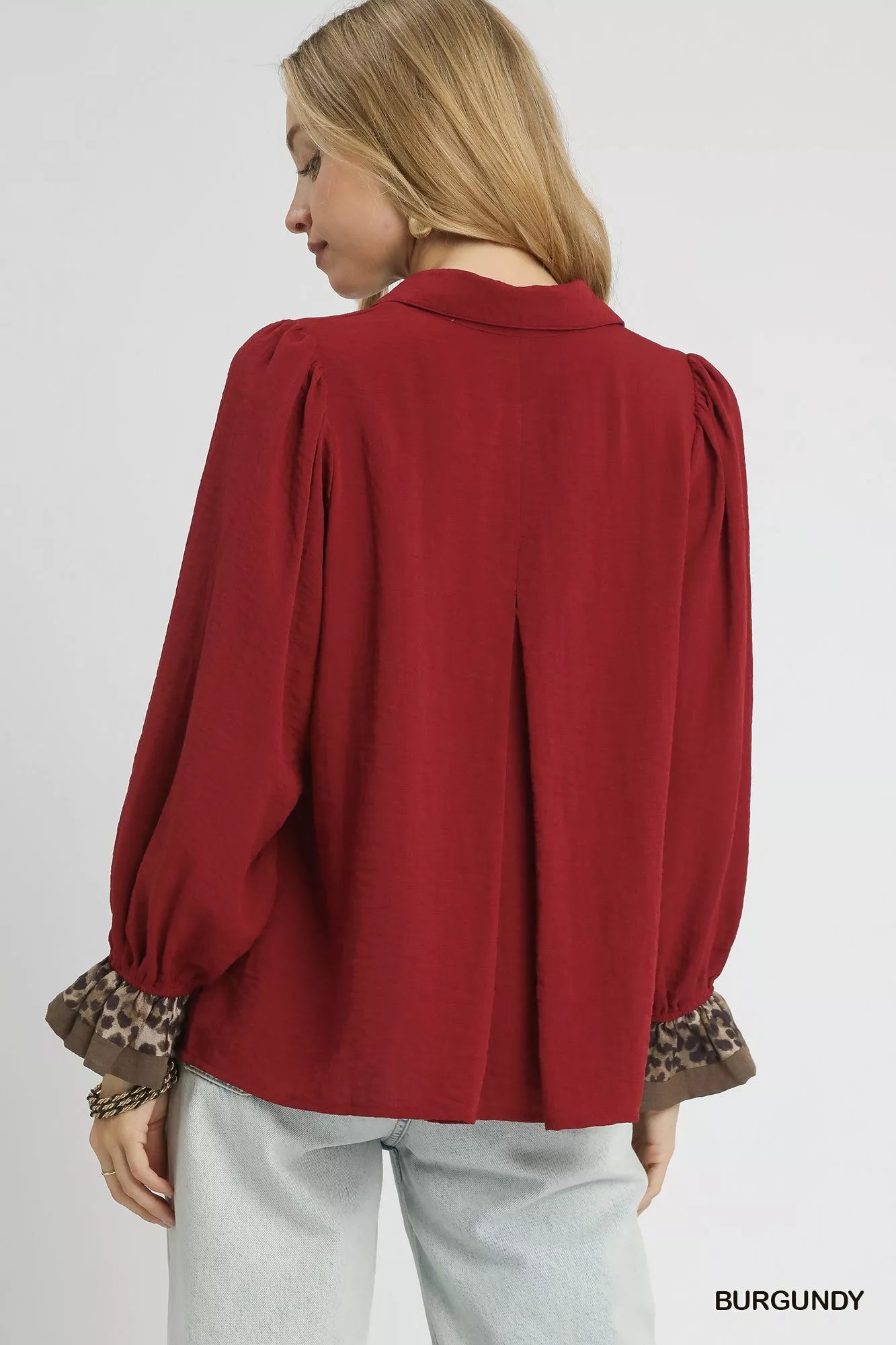 Umgee Half Button Blouse with Leopard Print Trim OutfitFlow