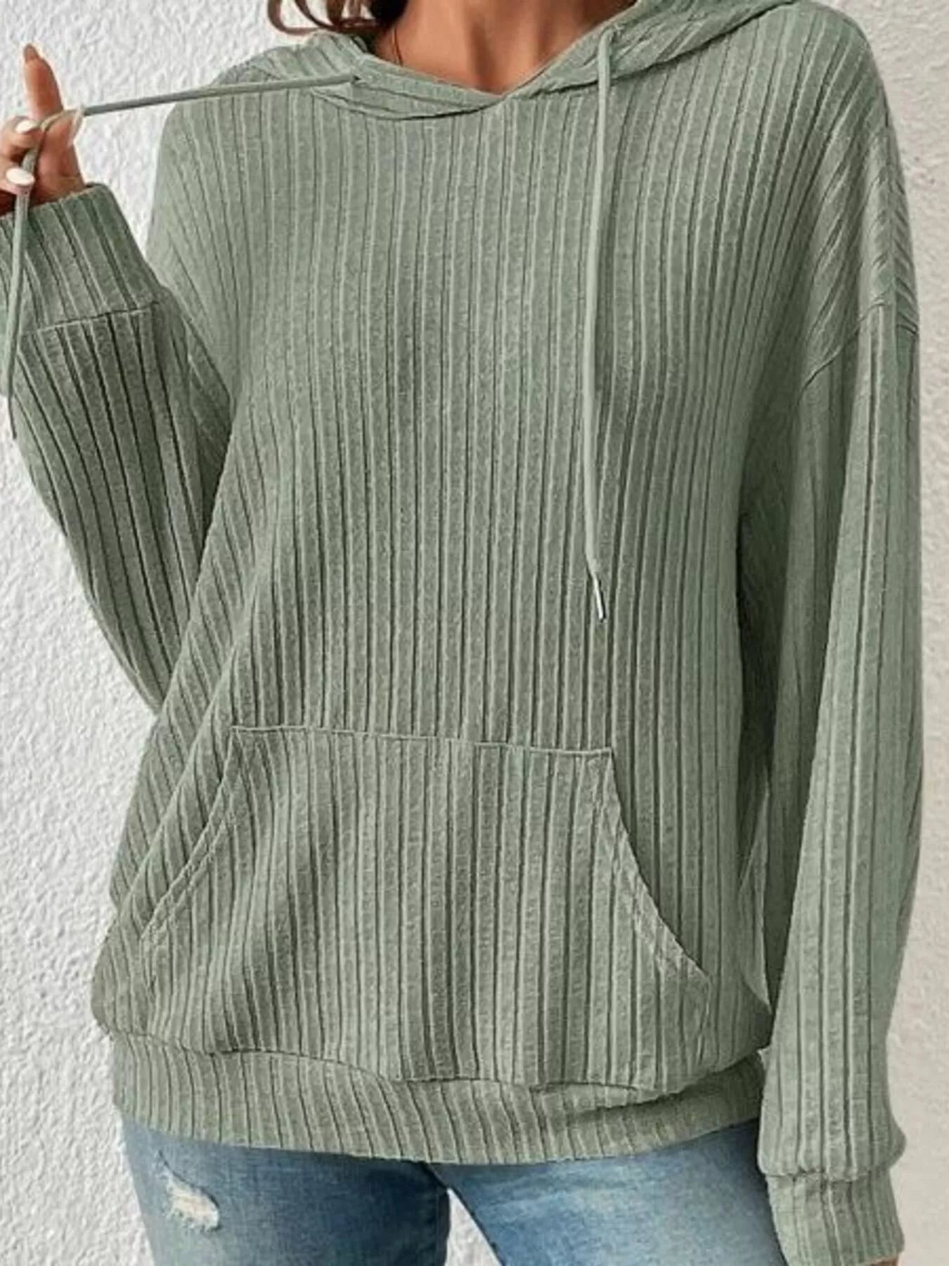 Ribbed Knit Long Sleeve Drawstring Hoodie Green OutfitFlow