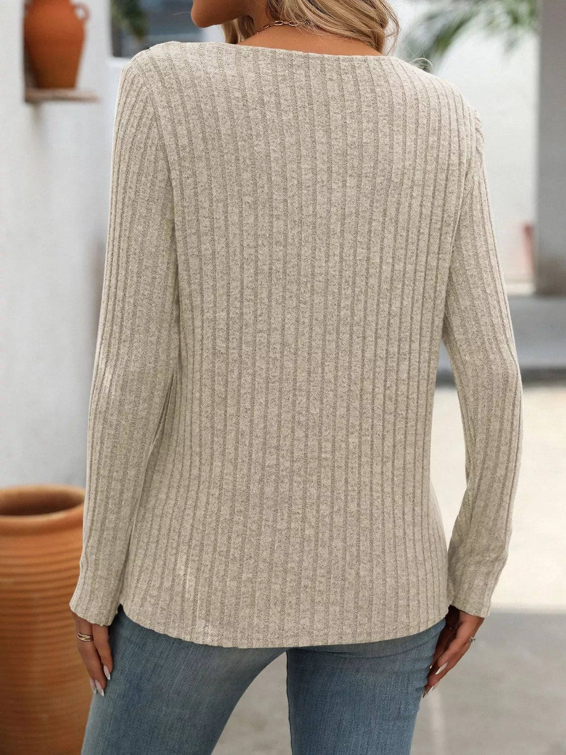 Ribbed Knit Long Sleeve Button Detail T-Shirt OutfitFlow