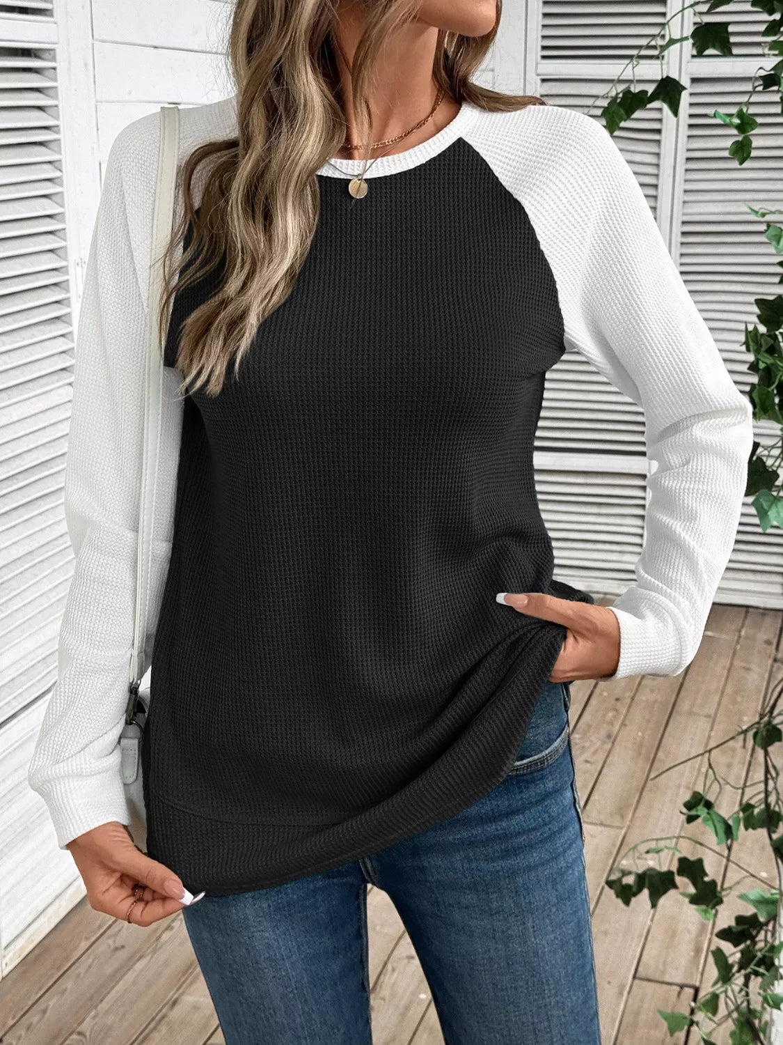 Waffle Knit Raglan Sleeve T-Shirt OutfitFlow