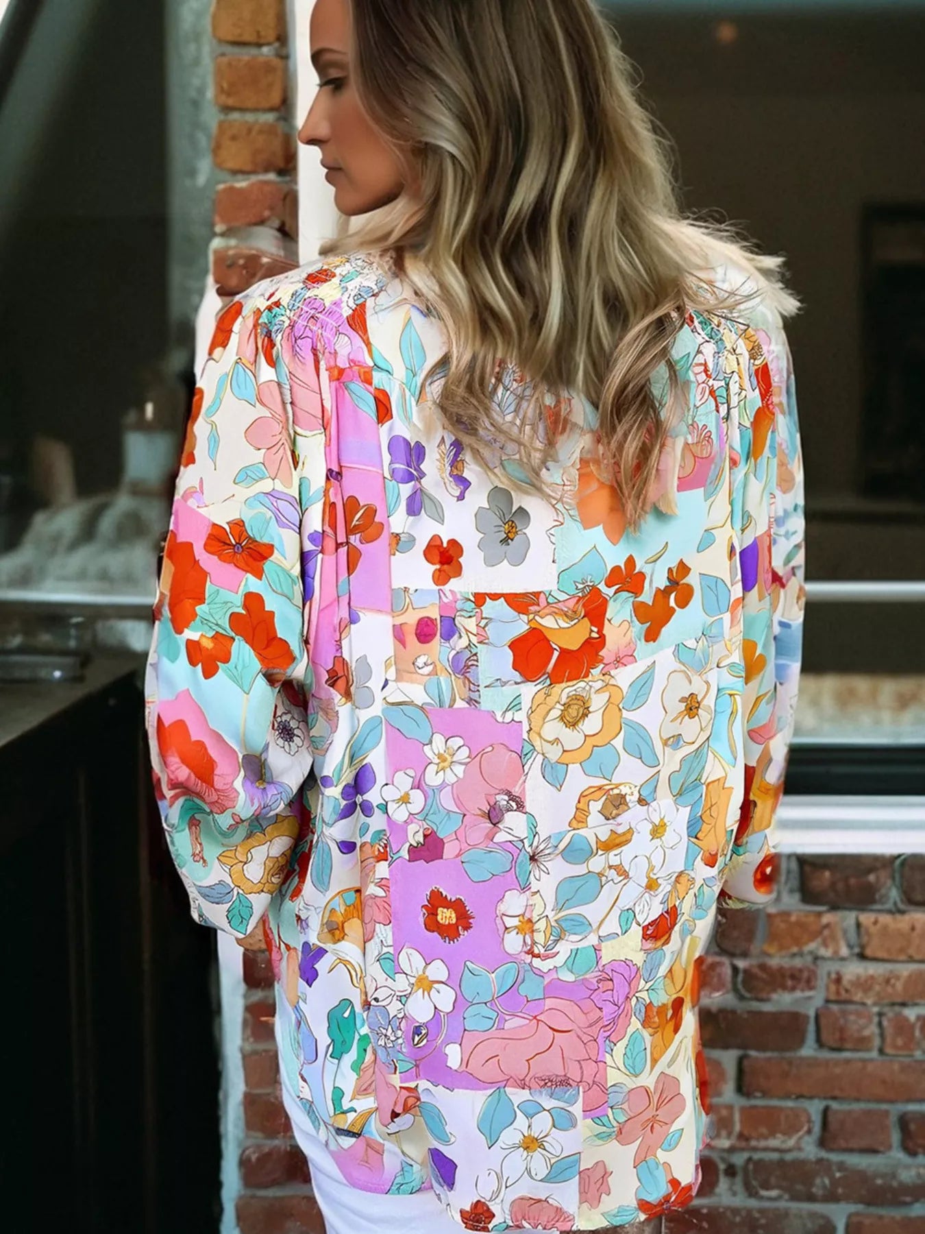 Floral Print Patchwork Frilly Neckline Long Sleeve Shirt Trendsi