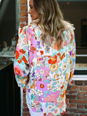 Floral Print Patchwork Frilly Neckline Long Sleeve Shirt Trendsi