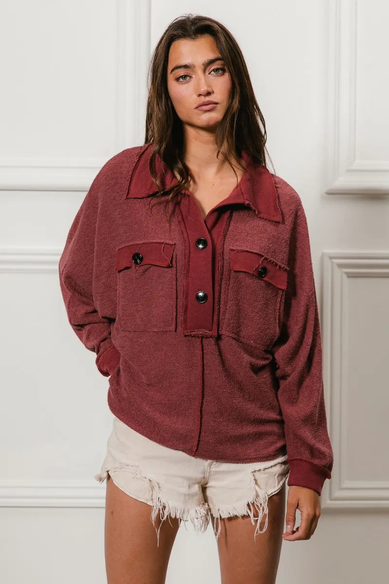 BiBi Cp French Terry Cut Edge Detail Collared Top OutfitFlow