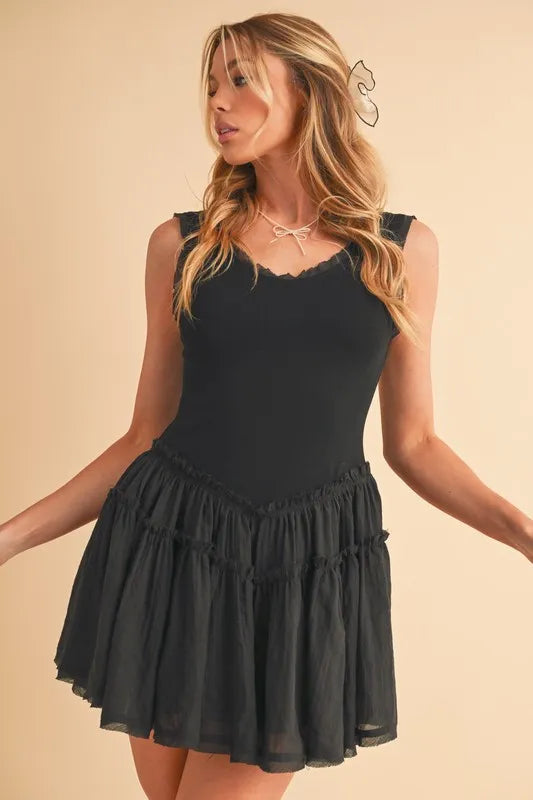 Aemi+Co Frill Sleeveless Drop Waist Mini Dress OutfitFlow