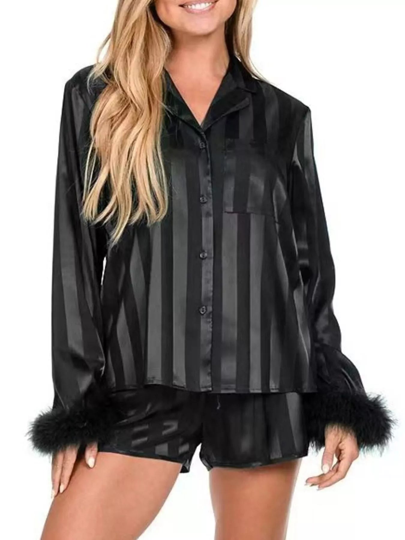 Striped Feather Trim Shirt and Shorts Lounge Set Black OutfitFlow
