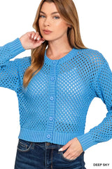 Zenana Button Down Lightweight Crochet Cardigan Sweater DEEP SKY OutfitFlow