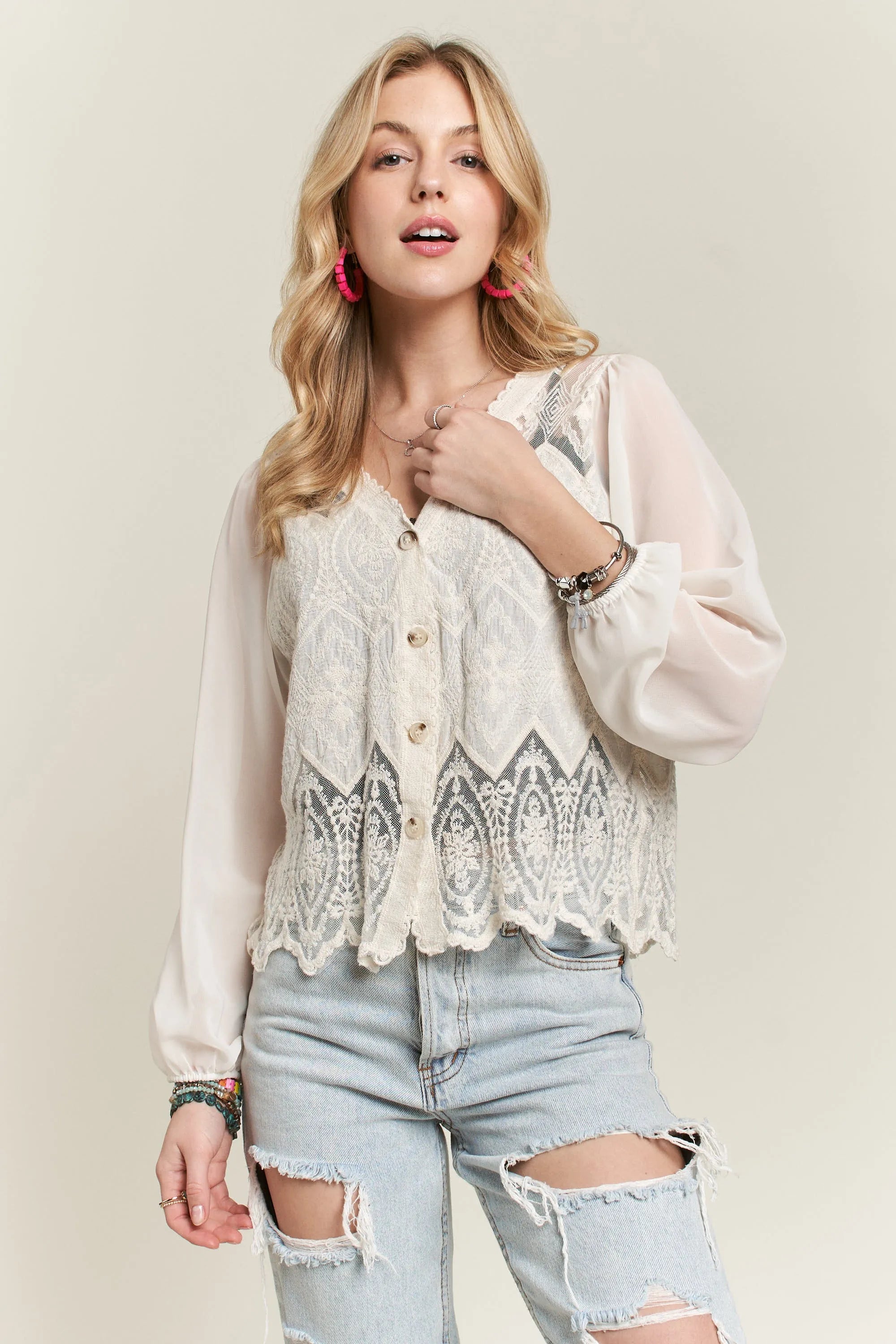 ADORA Button Down Embroidered Blouse OutfitFlow