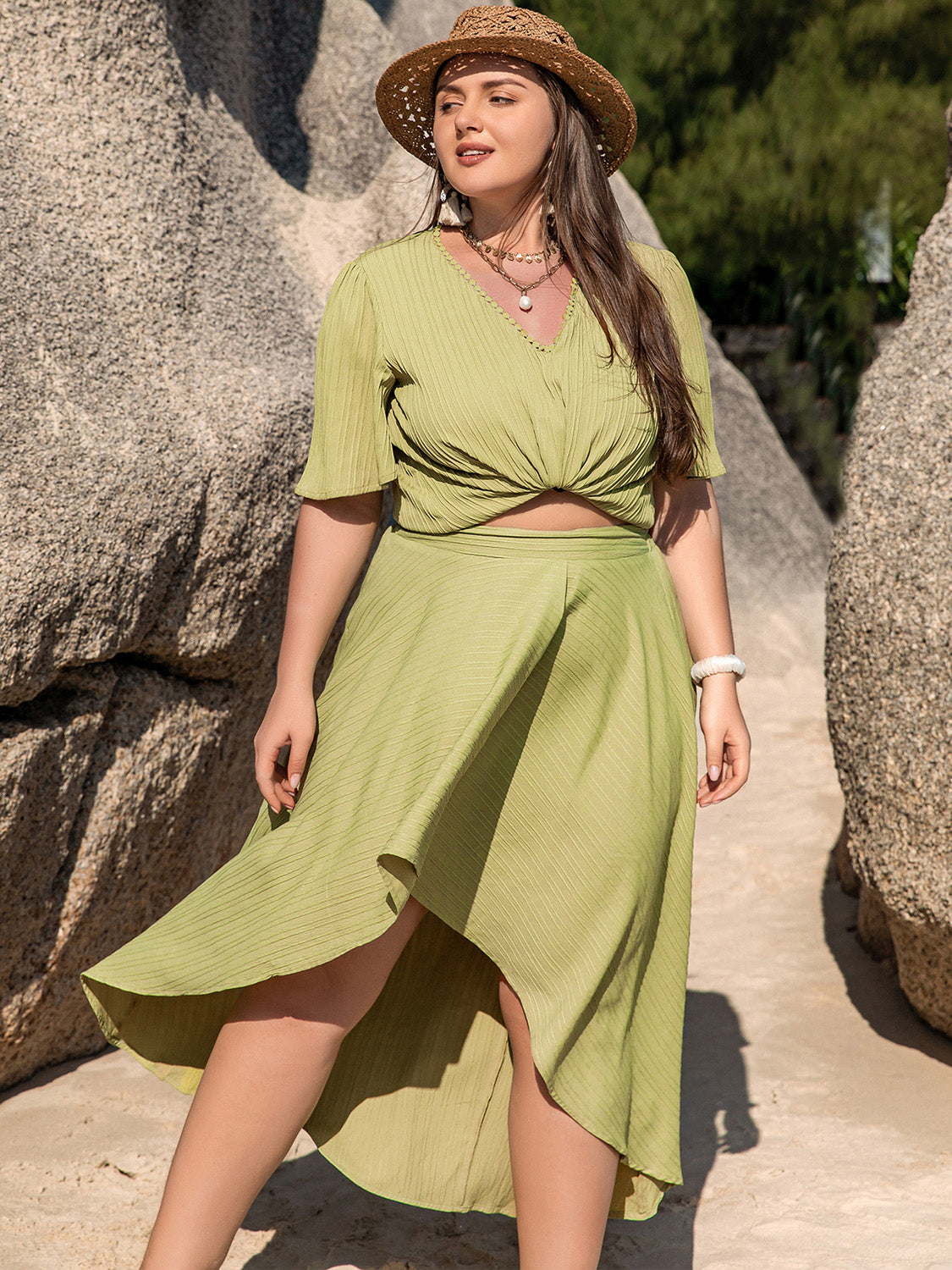 Outfit Flow - Plus Size V-Neck Half Sleeve Top and High-Low Skirt Set