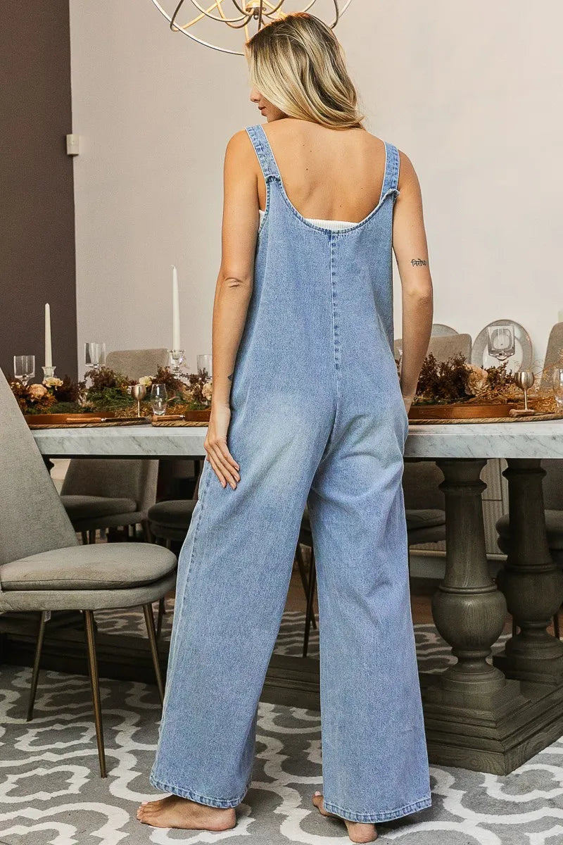 BiBi Washed Denim Buttoned Overall Jumpsuit OutfitFlow