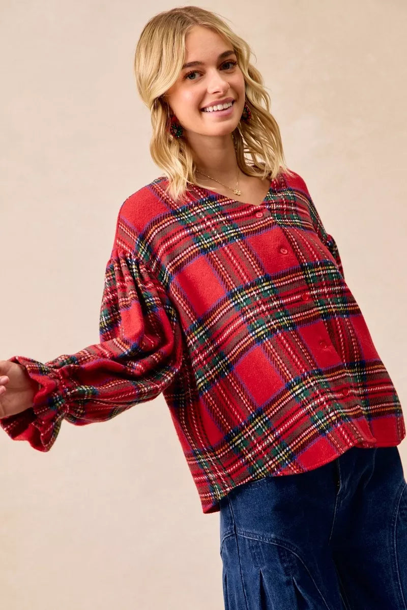 BiBi Christmas Plaid V-Neck Flounce Sleeve Jacket Trendsi