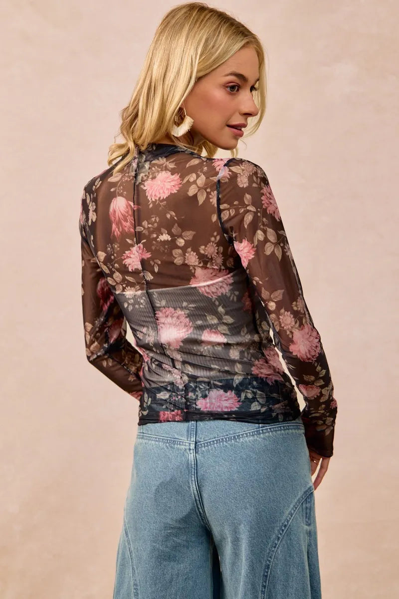 BiBi Flower Printed Mesh Lace Top with Thumb Opening OutfitFlow