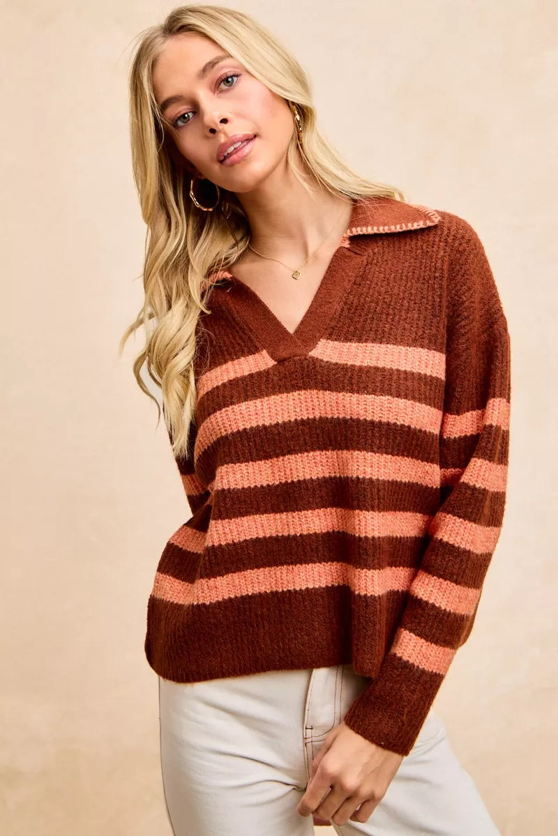 BiBi Striped Sweater Top with Collar Stitched Details Trendsi