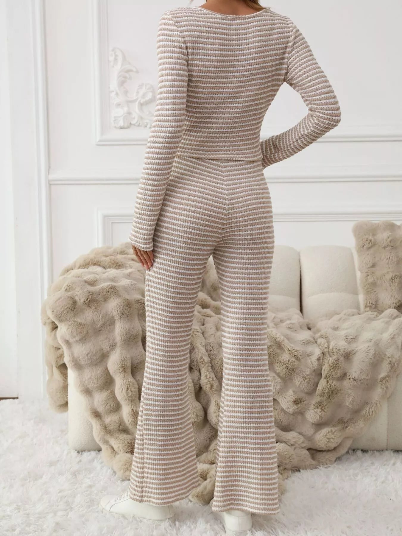 Striped Knit Long Sleeve Top & Flare Leg Pants Set OutfitFlow