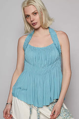 POL Backless Halter Sleeveless Top with Smocking Shirring Detail WATER BLUE Trendsi