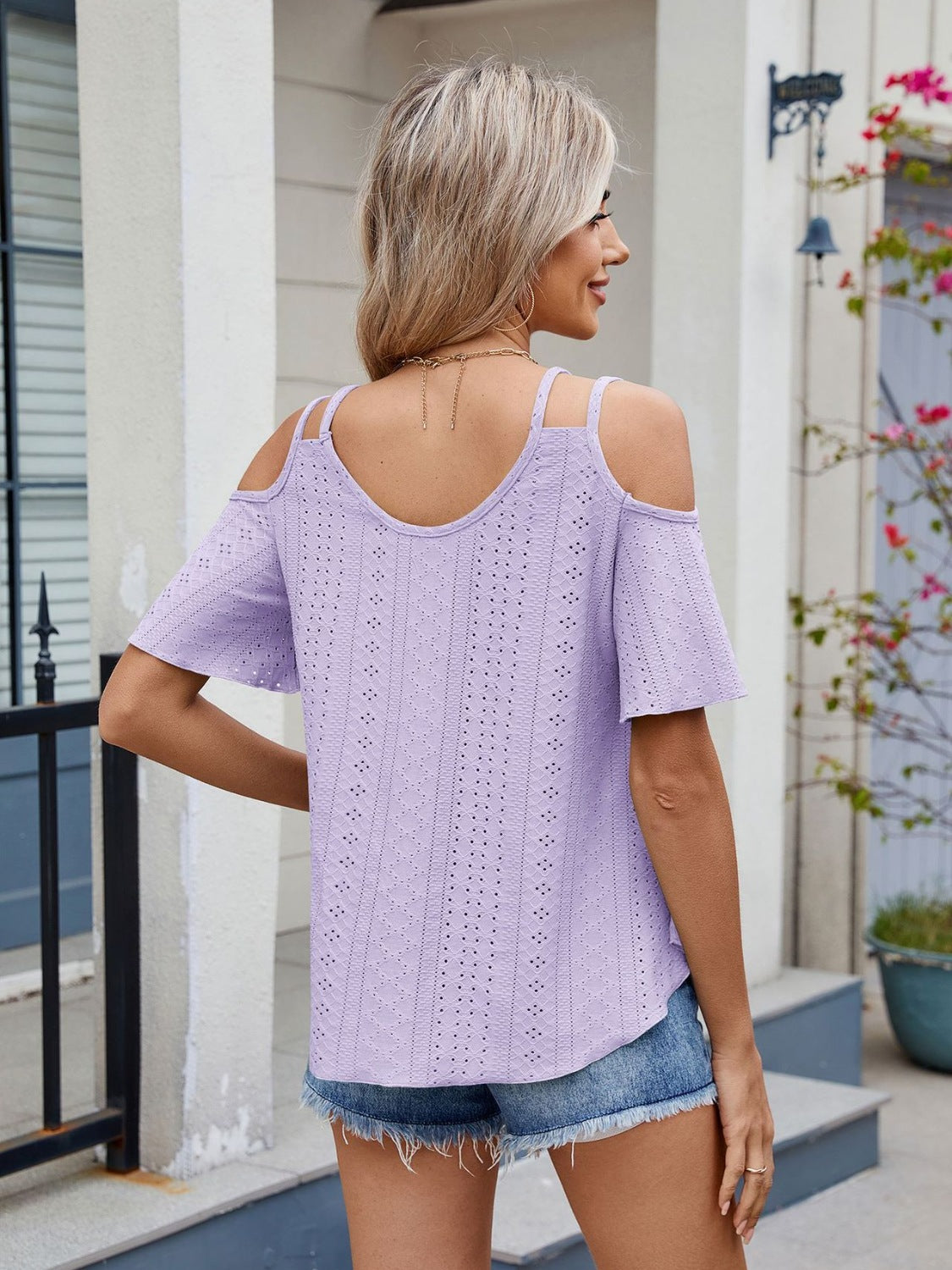 Florira Round Neck Cold Shoulder Eyelet T-Shirt OutfitFlow