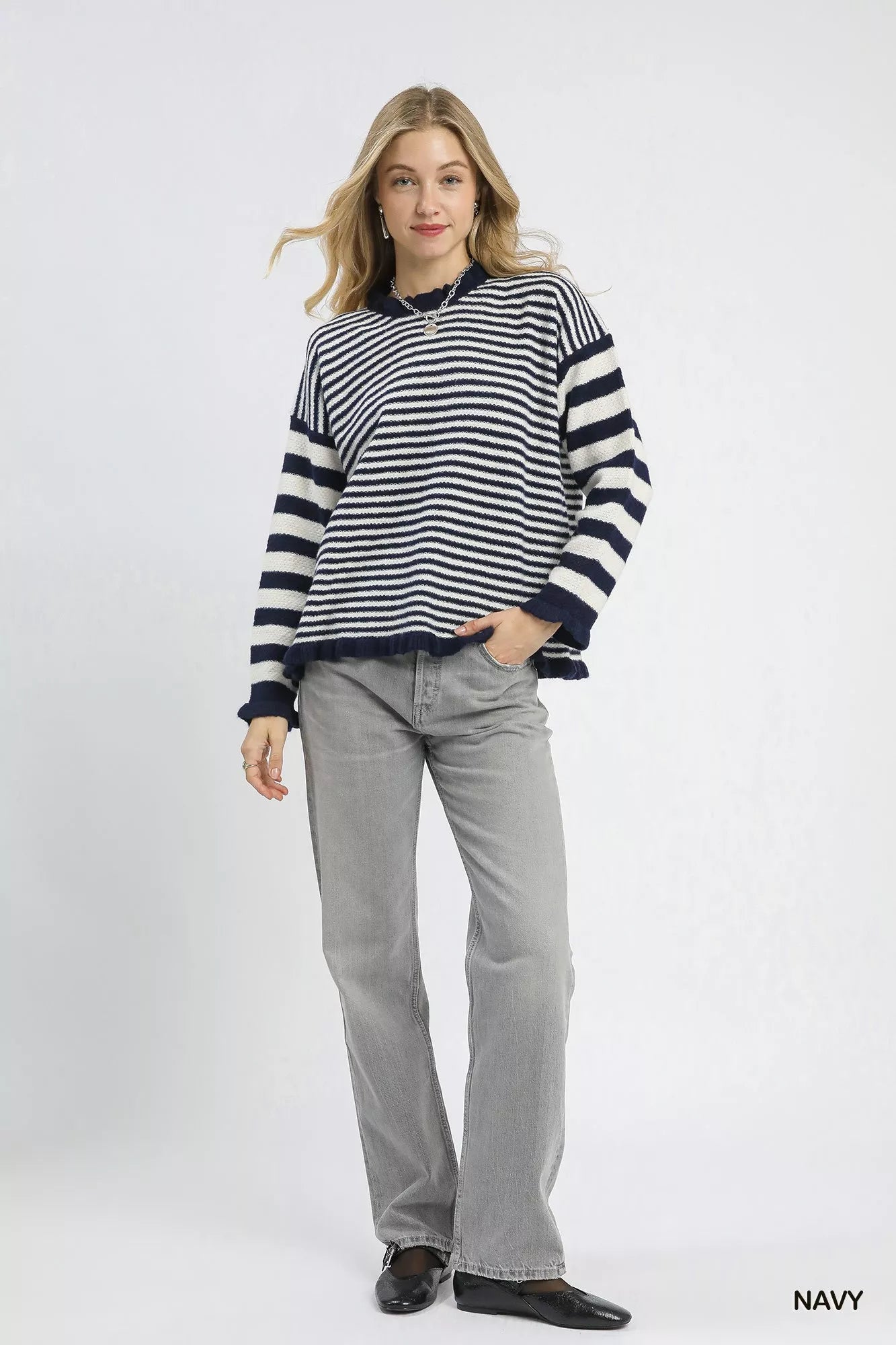 Umgee Ruffle Neck Stripe Sweater OutfitFlow