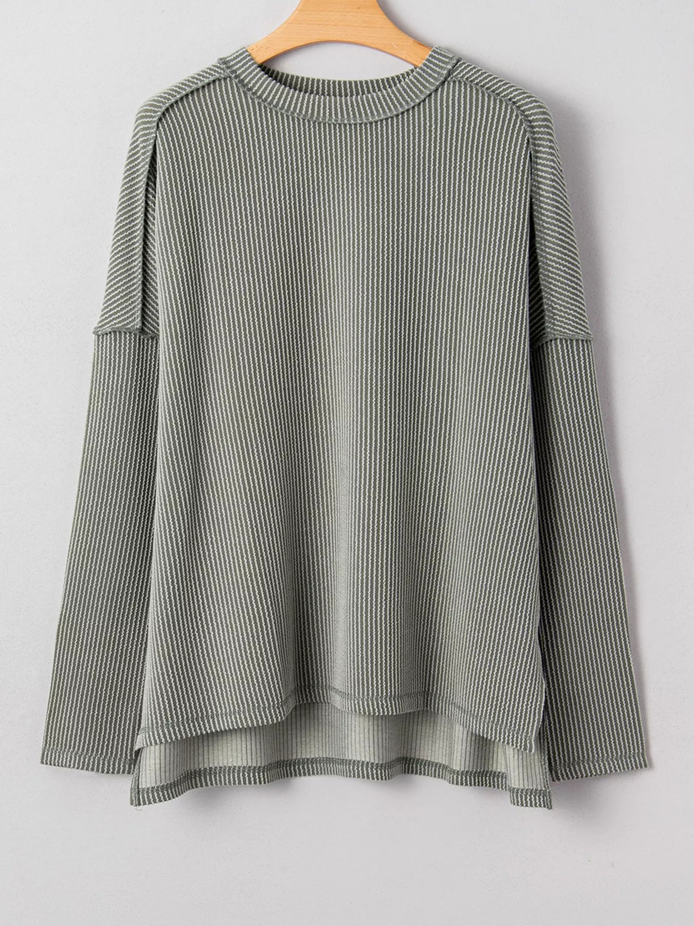 Twist Ribbed Exposed Seam Detail Long Sleeve Loose Top OutfitFlow