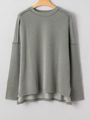 Twist Ribbed Exposed Seam Detail Long Sleeve Loose Top OutfitFlow