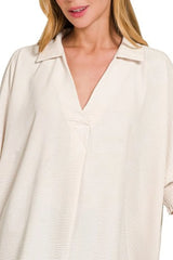 Zenana Airflow Collar Tee with Smocked Sleeve Band Top OutfitFlow